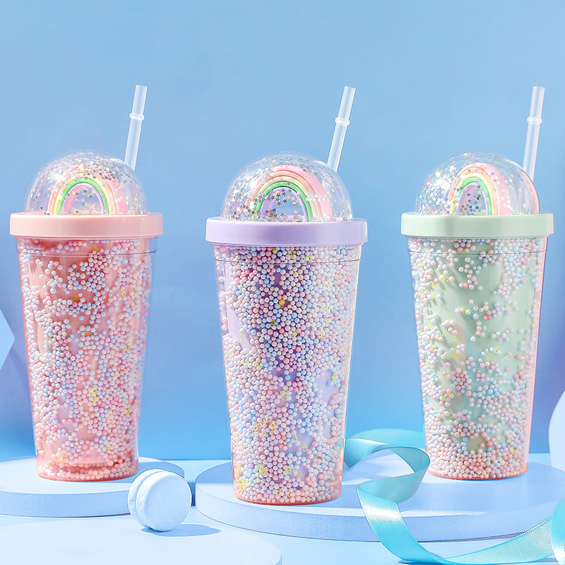 550ml Rainbow Plastic Water Bottle Double Layer Sequins Drinking